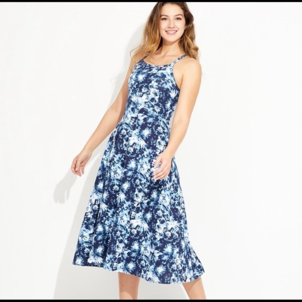 Pact Blue Tie-Dye Fit & Flare Midi Dress with Pockets!